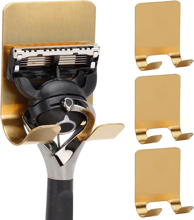 Self Adhesive Hooks Waterproof Razor Holder in Inside Shower 4 Pack, Metal Heavy Duty Utility Storage Hook.Towel. Loofah Holder for Wall.Hanger Hooks for Bathroom or Kitchen Organisation. Gold
