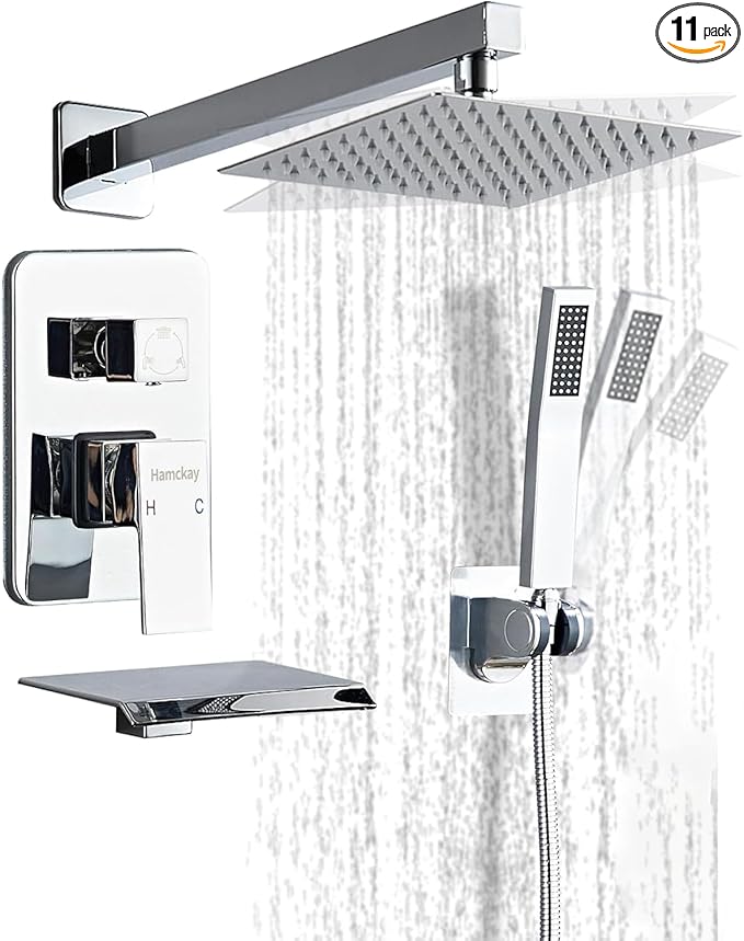 12inch Polished Chrome Shower System with Tub Spout, Shower Faucet Set with Rain Shower Head and Handheld 3-Setting, Waterfall Bathtub Spout Rainfall Shower Combo Set for Bathroom Wall Mounted