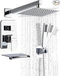 12inch Polished Chrome Shower System with Tub Spout, Shower Faucet Set with Rain Shower Head and Handheld 3-Setting, Waterfall Bathtub Spout Rainfall Shower Combo Set for Bathroom Wall Mounted