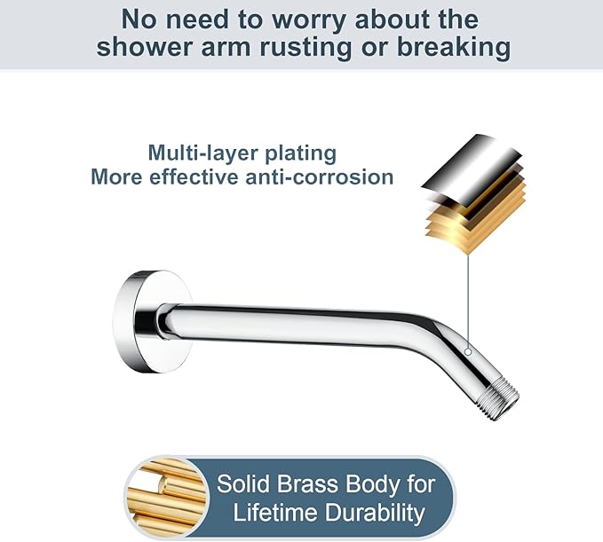 BRIGHT SHOWERS Shower Arm with Flange 10 Inches Solid Brass Shower Head Extension Arm, Wall Mounted Shower Pipe Arm for Rainfall Shower Head and Handheld Showerhead, Chrome