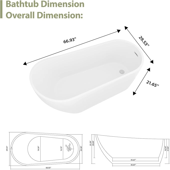 Mocoloo Freestanding Bathtub - 67 Inch Acrylic Stand Alone Soaking Bath Tub for Bathroom with a Right Overflow and Drain