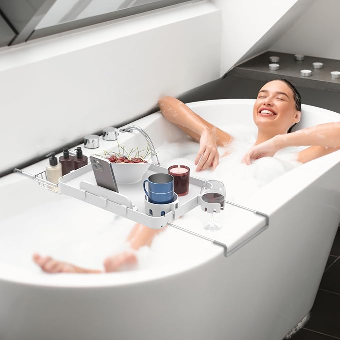 Bathtub Tray Caddy Expandable Bath Tray with Cup Holder Plastic Bathtub Caddy Shelf Stylish Bathroom Organizer for Candle Towel, Book, Wine, Phone, Shower