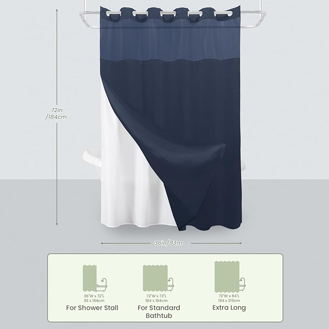 Inhousolu Stall No Hook Shower Curtain with Snap in Fabric Liner Set Waffle Weave 230GSM Weighted Hem, Waterproof & Washable Bathroom Curtain Spa Luxury with Mesh Top Window 36" W x 72" L Navy Blue