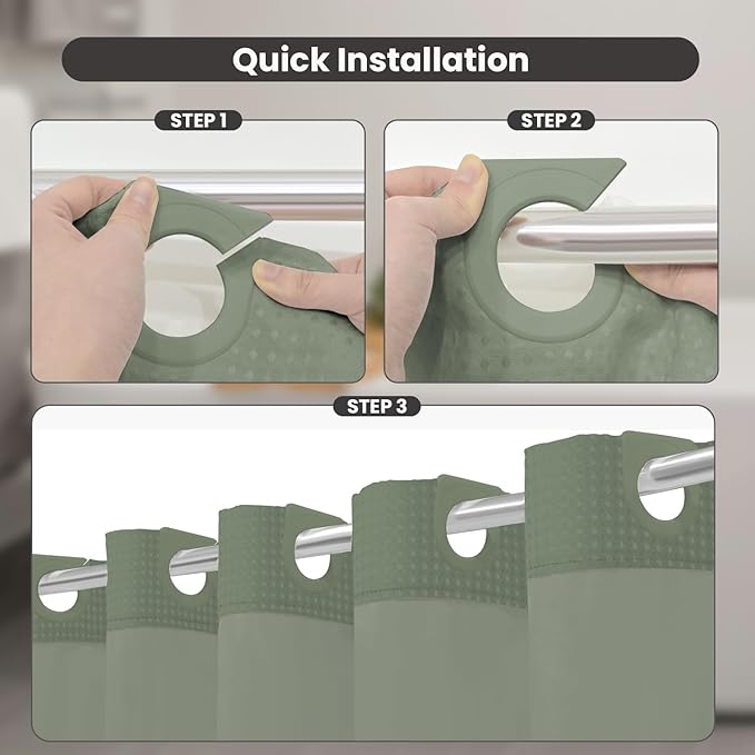 Inhousolu Stall No Hook Shower Curtain with Snap in Fabric Liner Set Waffle Weave 230GSM Weighted Hem, Waterproof & Washable Bathroom Curtain Spa Luxury with Mesh Top Window 36" W x 72" L Sage Green