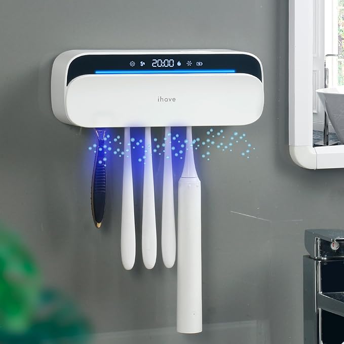iHave Toothbrush Sanitizer and Holder, UV Toothbrush Holders for Bathrooms with 100M Negative Ions for 360° Disinfection, Mold Control & Odor Neutralization, 5-Slot Turbofan Drying Toothbrush Holder