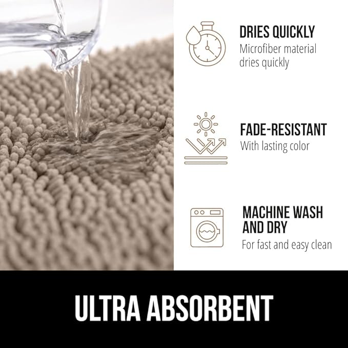 GORILLA GRIP Bath Rug Mat 30x20, Thick Absorbent Chenille, Quick Dry Microfiber Mats, Rubber Backing Washable Shower Floor Rugs, Bathmat Runner, US Designed Bathroom Home Decor Accessories Gray Beige