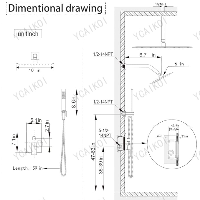 Matte Black Shower System, Knob Switch Diverter Shower Faucet Set with High Pressure Handheld Spray, Ceiling Mount 10 Inch Shower Head with 6 Inch Wall Mount Shower Head