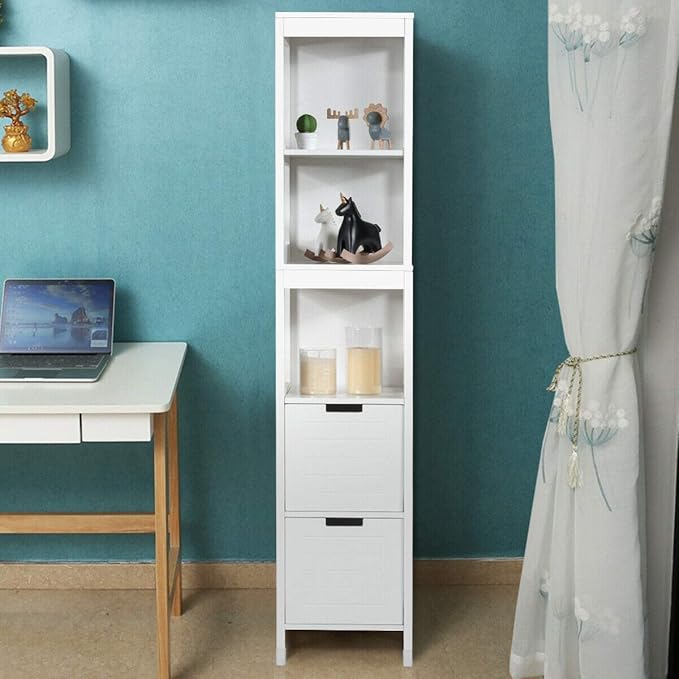 Tangkula Tall Bathroom Storage Cabinet, Freestanding 57" H Tall Slim Bathroom Floor Cabinet with 3 Tier Open Shelves and 2 Drawers, Multifunction Organizer Wooden Tower (White)