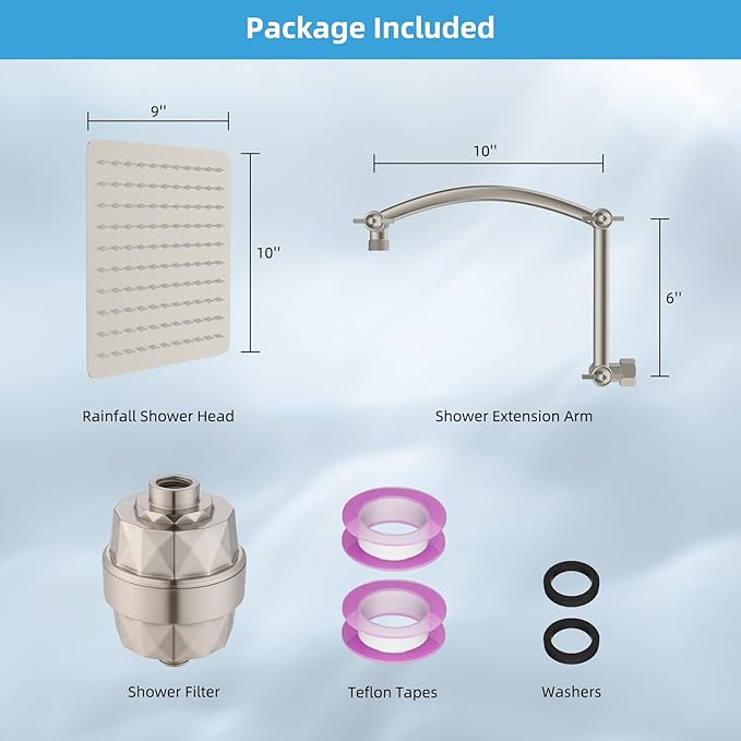 Hibbent All Metal Rain Filtered Shower Head, 10'' High Pressure Rainfall Showerhead with 16" Shower Extension Arm, 20 Stage Shower Filter, Solid Brass Adjustable Shower Arm Extender, Brushed Nickel