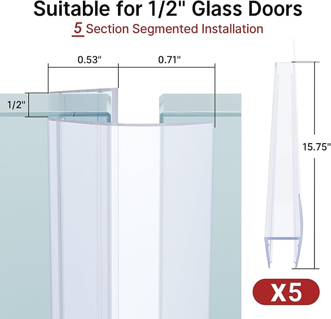 AmazerBath 5 PCS Shower Door Side Seal Strip for 1/2 Inch Glass - 15.75 Inches x 5, 5 Sections Segmented Shower Installation Kit, Frameless Glass Door Seal Strip