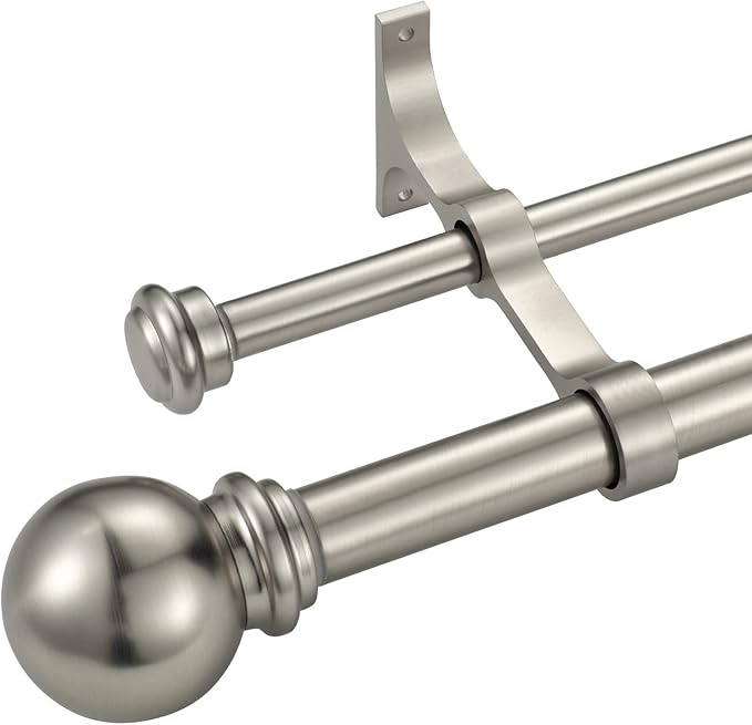 Double Curtain Rod 84 to 120 inch, Adjustable 1 inch Double Drapery Rod Rods for Windows and Doors with Ball Round Finials and Premium Aluminum Brackets Set (84-120",Brushed Nickel)