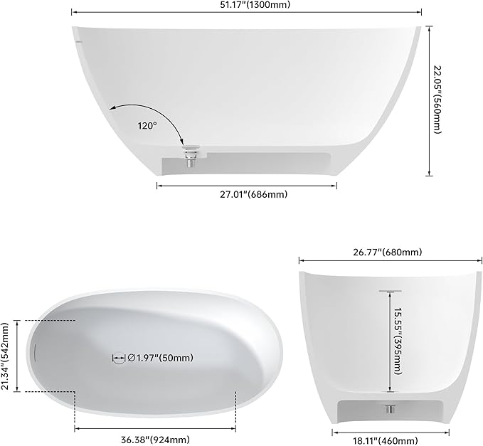 51" Premium Solid Surface Freestanding Bathtubs, Unique Oval Stone Resin Bath Tub with Overflow and Pop-up Drain, Matte White
