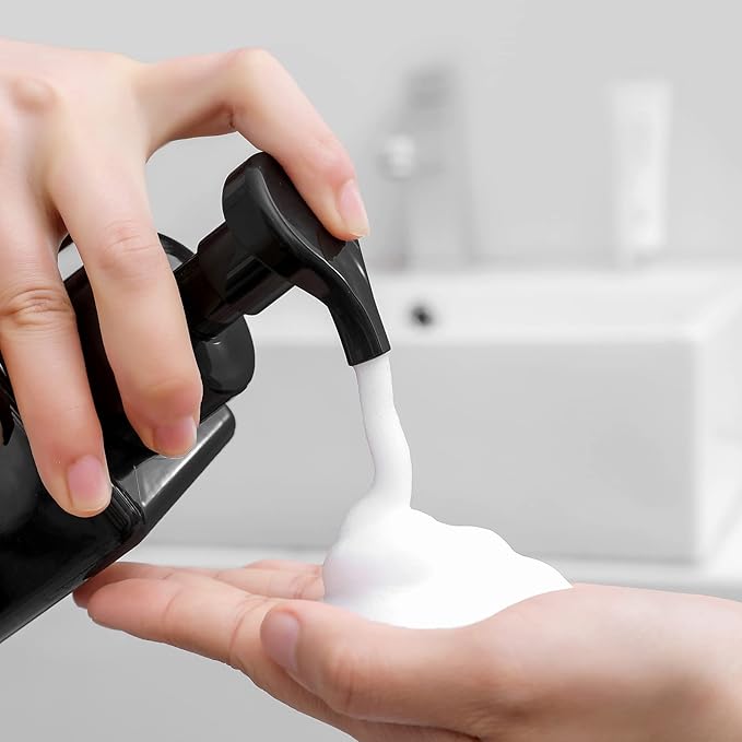 UUJOLY Foaming Soap Dispenser, 15oz Refillable Pump Bottle Plastic for Liquid Soap, Shampoo, Body Wash, 4 Pcs, Black