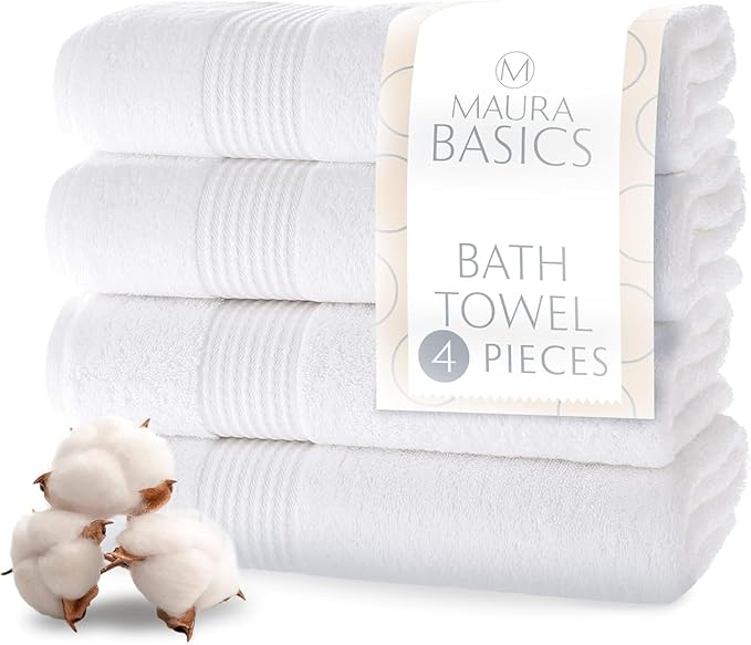 MAURA Basics Performance Bath Towels 100% Turkish Cotton with Hook Loops. Extra Large Luxury Absorbent Plush Towel Sets for Bathroom, Daily Use American Standard Size 27”x54”, White