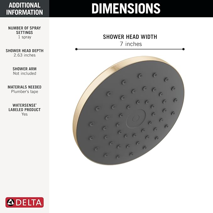 Delta PivotPro Brushed Gold Rain Showerhead, Single Setting 7 Inch Round Shower Head, Showerheads, 1.75 GPM Flow Rate, Champagne Bronze 75103CZ
