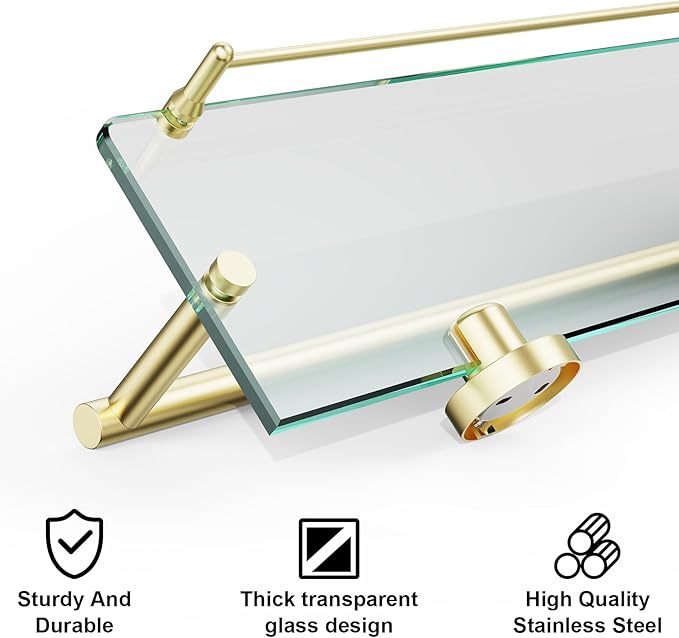 24-Inch Towel Rack with Shelf -Tempered Glass Bathroom Shelf with Towel Bar - Brushed Gold Modern Stainless Steel, Wall Mount Rustproof Tower Holder