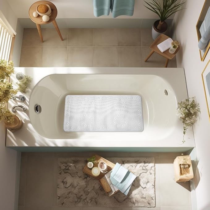 Double Layer Foam Non Slip Bathtub Mat 37x17in, More Comfortable and Thicker Tub Mat Than Ordinary Foam Shower Mat, Bath Mat for Tub with Suction for Comfort and Safety (White, 36'' x 17'')