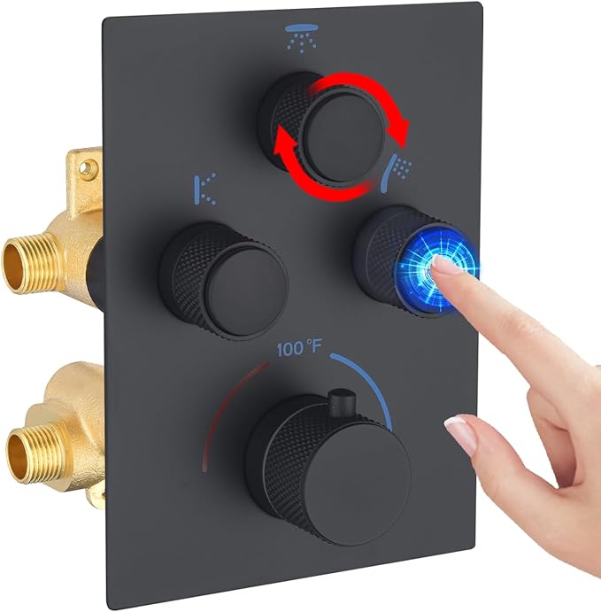 Modern Push Button 3 Way Thermostatic Shower Valve, Concealed Multi Function Brass Faucet Rough-In Mixer Shower Diverter Valve Kit Can Control Flow and On-Off Simultaneously, Matte Black