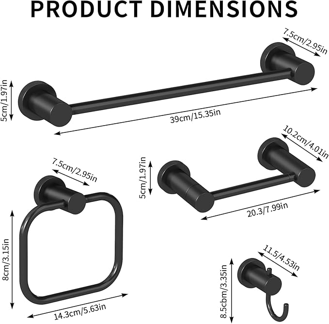 4-Pieces Bathroom Hardware Set Black, Stainless Steel 16 Inch Towel Bar Set, Towel Racks for Bathroom Wall Mounted