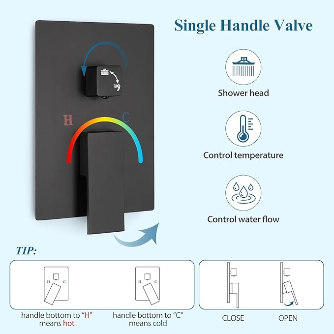 12 Inch Shower Head Set With Valve, Shower Faucet Set With Tub Spout, Rain Shower System, Black Shower Head And Handle Set, Ceiling Mount Shower Trim System