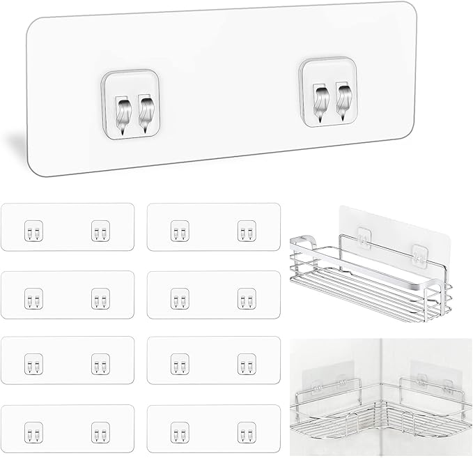 9-Pack Shower Caddy Adhesive Replacement, Transparent Adhesive Hooks Stickers, Strong Hook Strip for Shower Caddy Basket Shelf, Soap Holder, Bathroom Storage Corner Shelves, Kitchen Racks