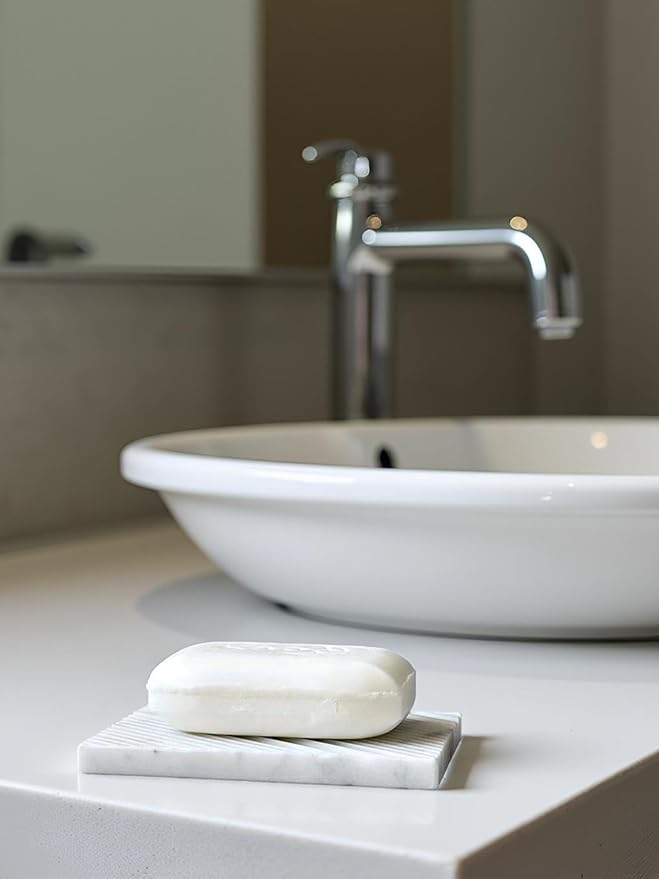 Real Marble Soap Dish - Soap Dish for Shower, Shower Bar Soap Holder, Marble Dish for Bathroom Kitchen, Decorative Stone Soap Dish (Calacatta White, Twill Rectangular)