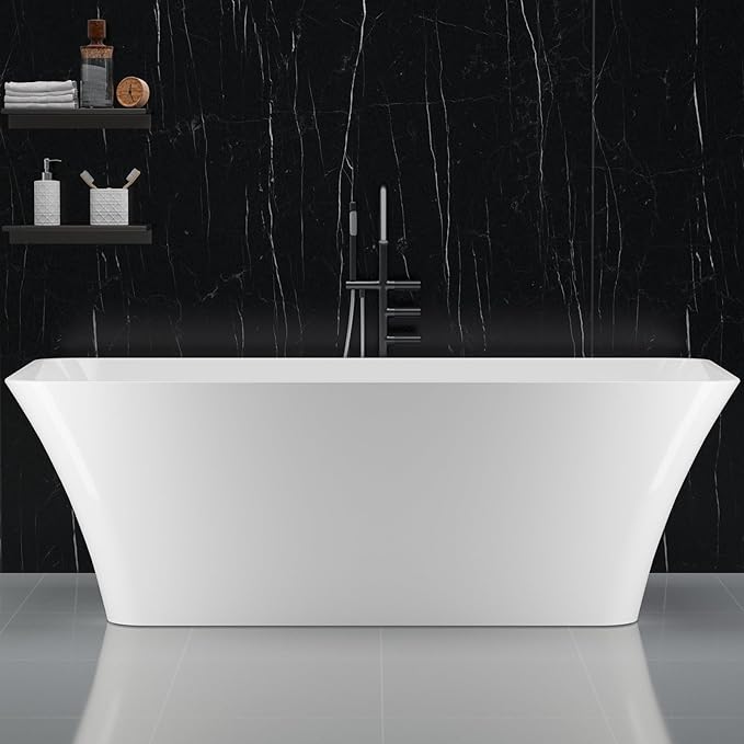 59" Free Standing Tub, Acrylic Freestanding Bathtub, Modern Soaking Tub with Integrated Overflow and Drain, White Bathroom Fixture, Stand Alone Bathtub, CUPC Certified, Burnish White