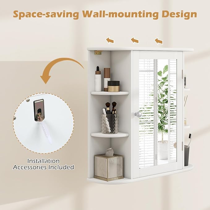 RELAX4LIFE Bathroom Wall Cabinet with Mirror - Medicine Cabinet w/Door & Open Shelves, Over The Toilet Storage Cabinet Organizer, Mirrored Bathroom Cabinet Wall Mount (White)