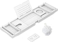 Zhuoyue Bamboo Bathtub Tray, Expandable Premium Bath Tray for Luxury Bathroom, Adjustable Bath Accessories for Tub with Soap Towel Book Holder, Extendable 29.5-43.3" White