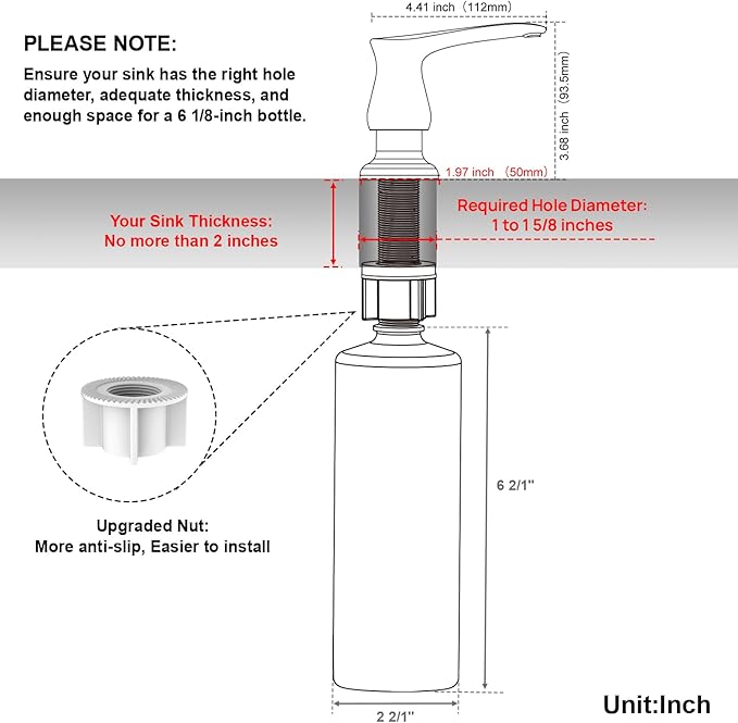 GAGALIFE Sink Soap Dispenser Matte Black, Built in Soap Dispenser with 17 OZ Bottle, Lotion Dispenser for Kitchen Sink, Refill from The Top