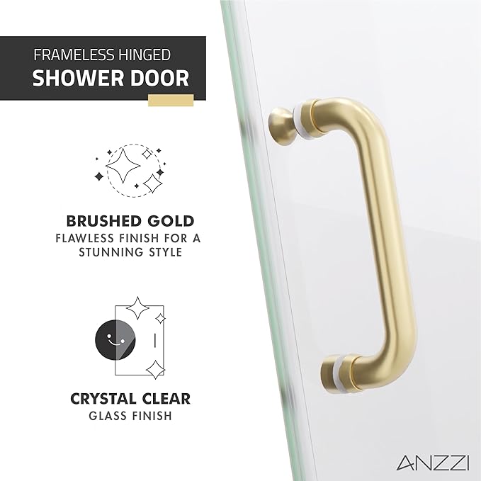 ANZZI 70" x 24" Frameless Shower Door in Brushed Gold,Water Repellent Glass Shower Door with Seal Strip Parts and Handle, 5/16 Glass Hinged Shower Door with Handle (SD-AZ09-01BG)