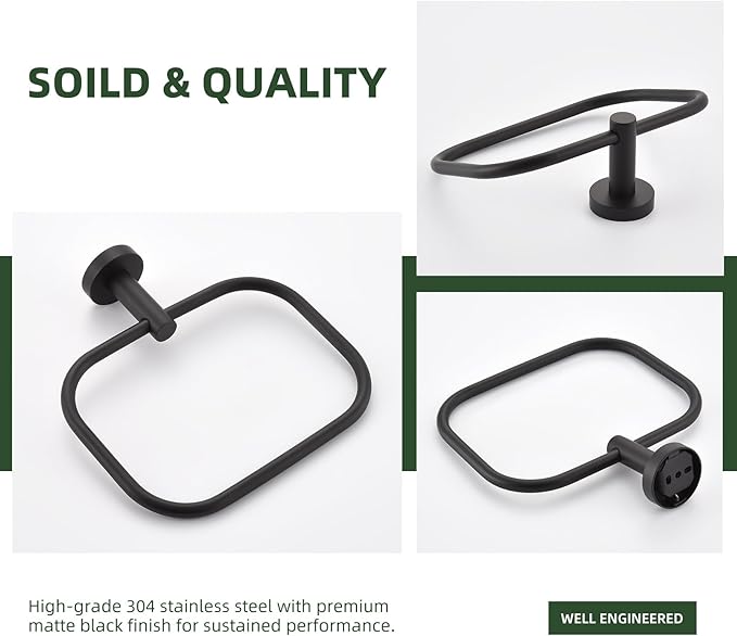 Angle Simple Matte Black Towel Ring Swivel, SUS 304 Stainless Steel Bathroom Hand Towel Holder for Wall Mount
