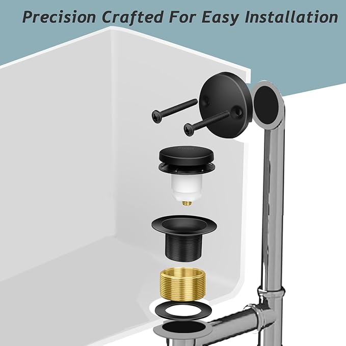 Tip-Toe Bathtub Drain Kit with Two-Hole Overflow Plate, Premium Quality Bath Tub Drain Replacement, Universal Fine/Coarse Thread Bathtub Stopper (Matte Black)