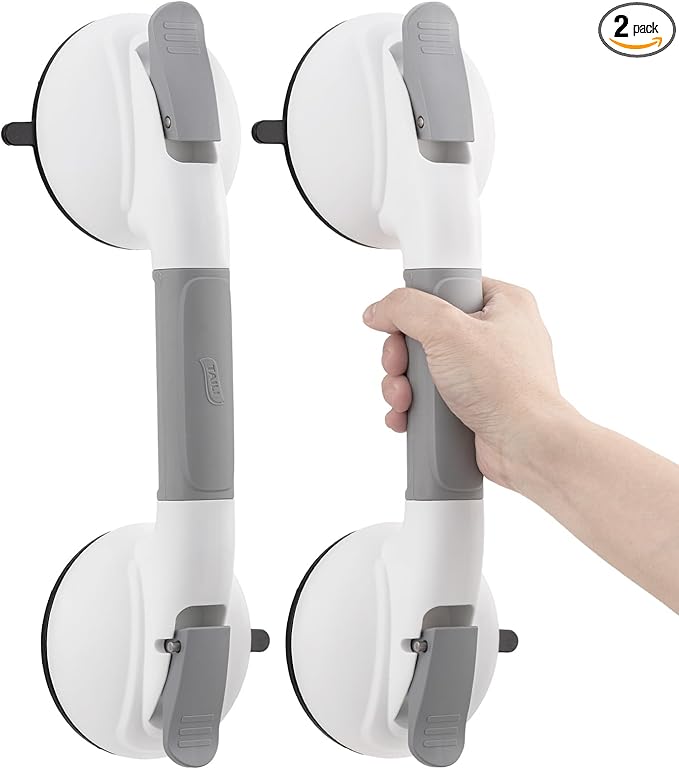 TAILI Grab Bars for Bathtubs and Showers,2 Pack Shower Handles for Elderly Suction,Maximum 330lbs,Shower Grab Bar with Upgraded Rubber Suction Cups,Safety Grip for Senior, No Drilling Removable,Grey