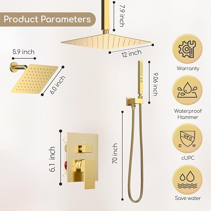 Dual Shower System Brushed Gold,Five Functions Knob Diverter Rainfall Shower Faucet Set with 2 in 1 Handheld Spray,12'' Ceiling Mount and 6'' Wall Mount Rainfall Shower System