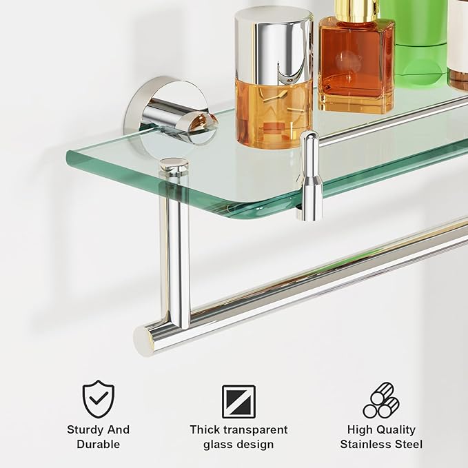 20-Inch Floating Tempered Glass Bathroom Shelf with Towel Bar - Chrome Polished & Stainless Steel, Wall Mount
