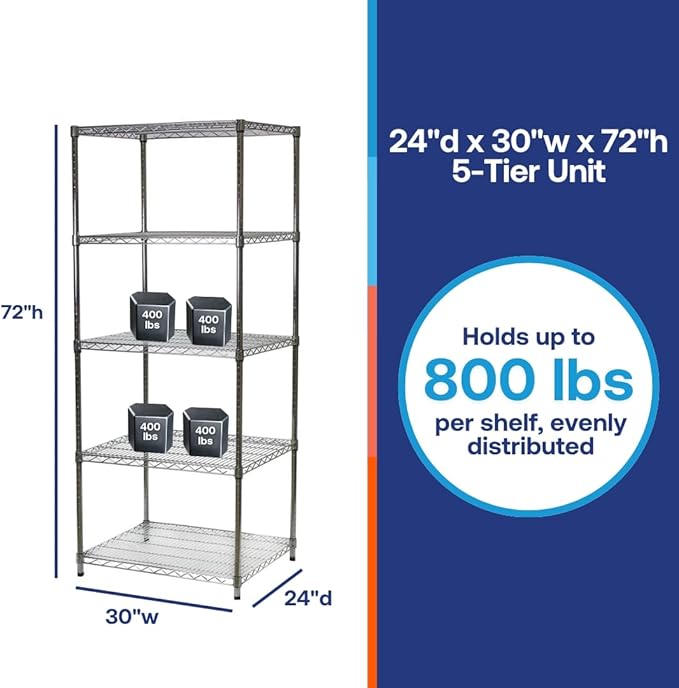 Shelving Inc. 24" d x 30" w x 72" h Chrome Wire Shelving with 5 Tier Shelves, Weight Capacity 500lbs Per Shelf