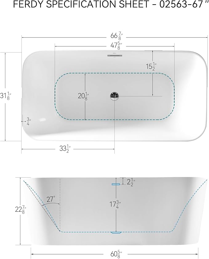 FerdY Maui 67" Freestanding Bathtub Elegant Freestanding Soaking Bathtub, Glossy White, cUPC Certified, Toe-Tap Chrome Drain & Overflow Assembly Included, 02563