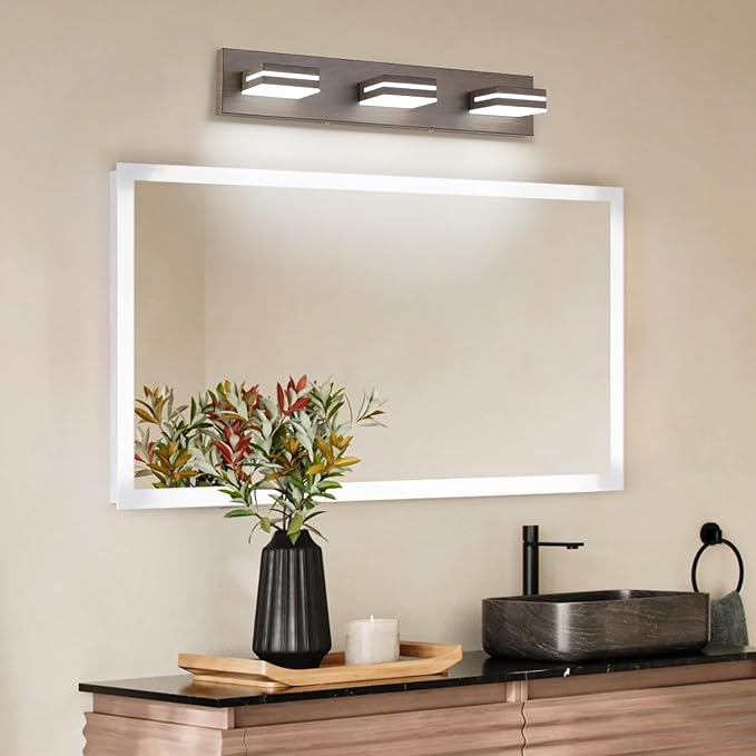 SineRise LED Modern Bathroom Vanity Light Fixtures (3-Light, 24-Inch), Brown Wood Painted Modern Acrylic Bathroom Wall Lighting Fixtures Over Mirror (Cool White 6000K)