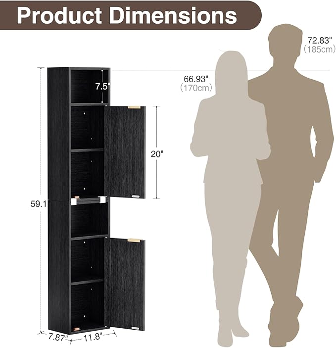 59.1" Tall Slim Bathroom Storage Cabinet Black | Freestanding or Wall Mounted Modular Cabinet, Fluted Panel Linen Tower with Adjustable Shelves for Small Spaces