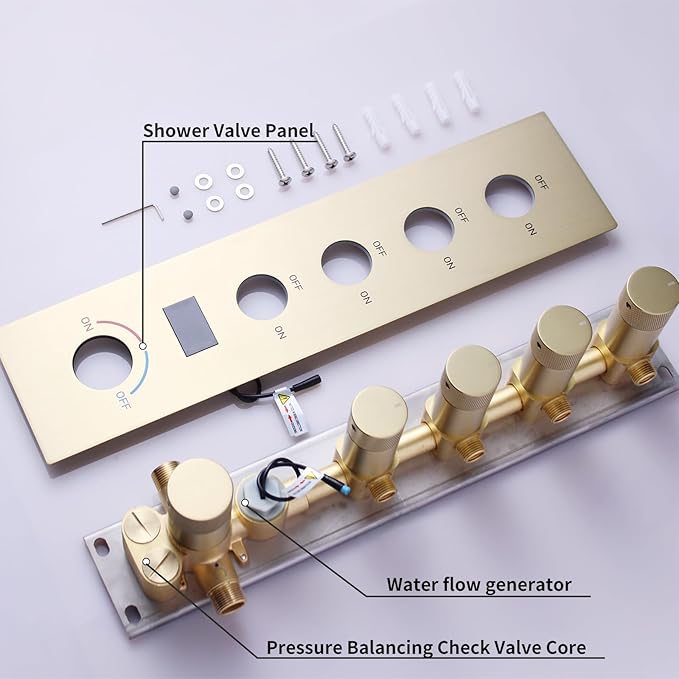 Shower Faucet Set Brushed Gold Shower System, Temperature Display Shower Faucet with 12 inch Ceiling Mount and 8 inch Wall Mount Shower Head, with 6 PCS Body Jet and Handheld Spray