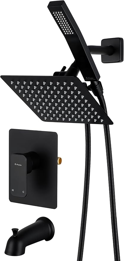 All Metal Shower Faucet Set, Dual Square Shower Head System with Handheld Wand, Diverter, Hose Complete Combo, Pressure Balance Rough-in Valve and Tub Spout Included (Matte Black)