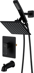 All Metal Shower Faucet Set, Dual Square Shower Head System with Handheld Wand, Diverter, Hose Complete Combo, Pressure Balance Rough-in Valve and Tub Spout Included (Matte Black)