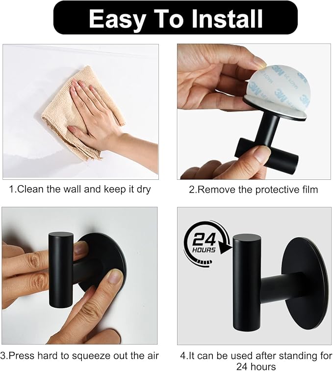 Self Adhesive Towel Hook Matte Black Coat Hook Brushed Nickel SUS304 Stainless Steel Heavy Duty Waterproof Towel Robe Clothes Hook Holder for Bathroom Kitchen Office Hotel Pool Wall Mounted Hook-4Pack