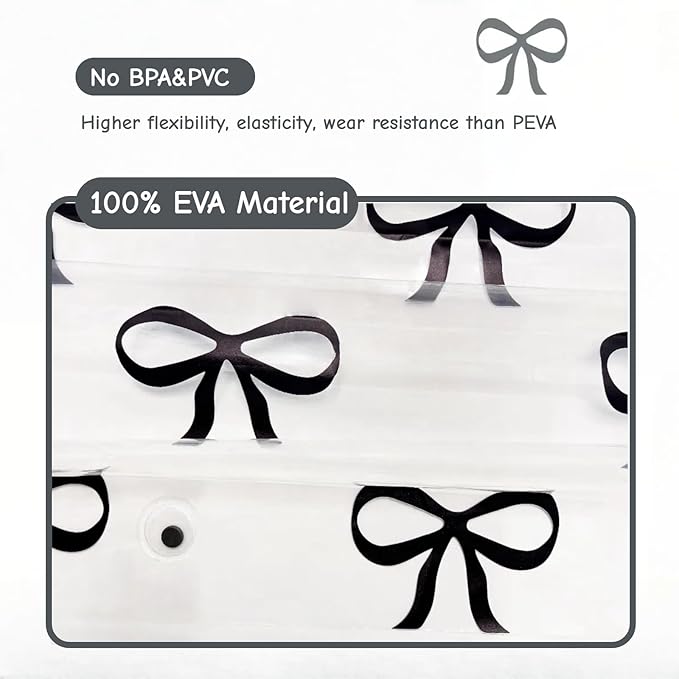 Clear Cute Black Bow Shower Curtain Liner, Plastic Transparent Girly Fancy Shower Curtain, Aesthetic Preppy Shower Curtain Bow Bathroom Decor for Women, 72x78 Shower Curtain Set with Magnets 12 Hooks