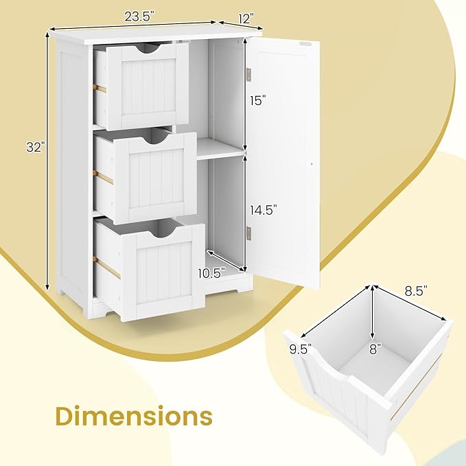 Tangkula Bathroom Floor Cabinet, Freestanding Storage Cabinet with 3 Drawers & Single Door, Adjustable Shelf, Multipurpose Bathroom Storage for Home Office, 23.5 x 12 x 32 Inches (3 Drawers, White)