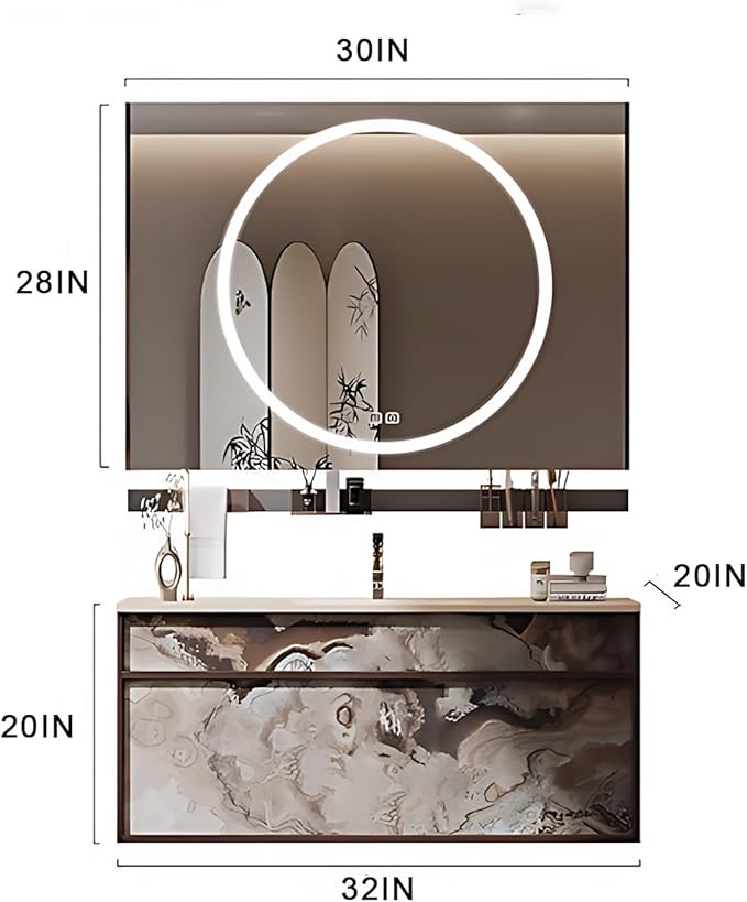 32IN Modern Bathroom Vanity with Sink - Bathroom Vanity with 2 Drawer Organizer, LED Mirror Lights & Defogging Function | Wall - Mounted Vanity with Multifunctional Storage Rack