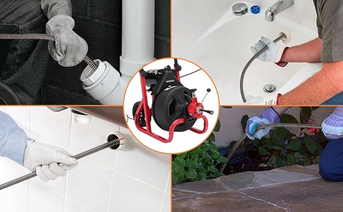 Heavy Duty Electric Drain Cleaner Machine, 75 Ft x 1/2 Inch Sewer Snake, 370w Auto-Feed, 6 Interchangeable Cutters, Gloves, Portable Pipe Cleaning Tool for 2-4 Inch Pipes