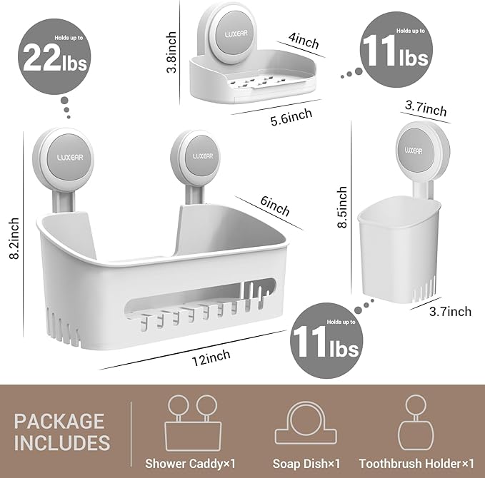 LUXEAR 3 Pack Shower Caddy Suction Cup Set - Shower Shelf, Soap Dish, Toothbrush Holder - White
