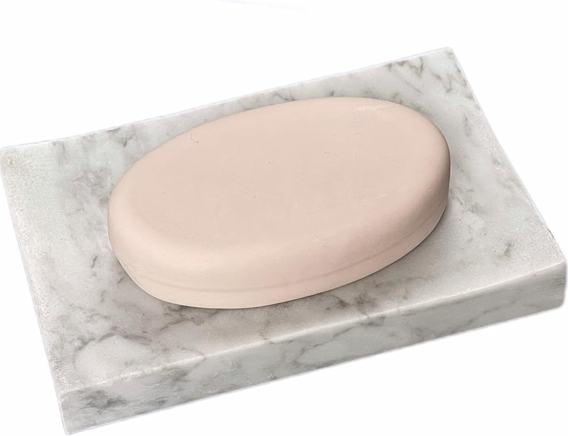 Real Marble Soap Dish - Soap Dish for Shower, Shower Bar Soap Holder, Marble Dish for Bathroom Kitchen, Decorative Stone Soap Dish (Calacatta White, Rectangular)